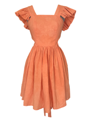 Vestido de lino con moño ajustable en espalda y detalles en hombro de tablones hechos a mano.